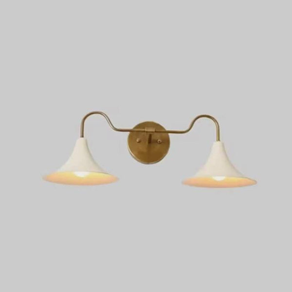 Mid Century Brass Double Cone Wall Sconce: Modern Sputnik Trumpet Lamp, White Metal Shade Bedside Reading Light, Hallway, Bathroom Fixture