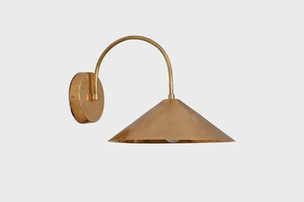 Mid Century Modern Brass Wall Sconce: Curved Arm Single Shade Wall Light, Stilnovo Style Vanity Lamp, Raw Brass Bedside Reading Fixture