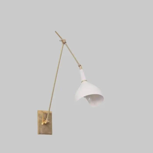 Mid Century Brass Swing Arm Wall Sconce, Modern White Shade Adjustable Bedside Reading Light Stilnovo Style Bathroom Living Room Vanity Lamp