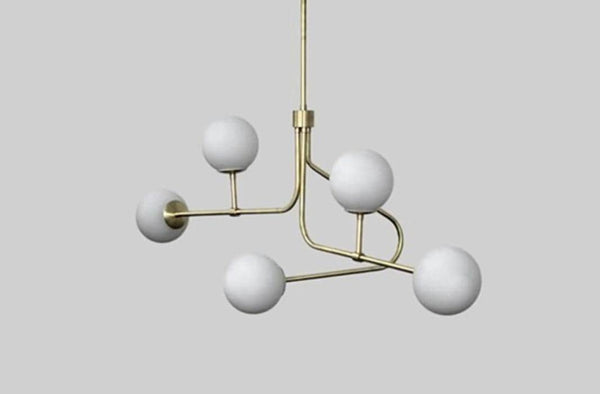 Mid Century Modern Brass Sputnik Chandelier: 5 Light Milk Glass Globe Ceiling Fixture, Opal Glass Pendant, Retro Dining Room Lighting