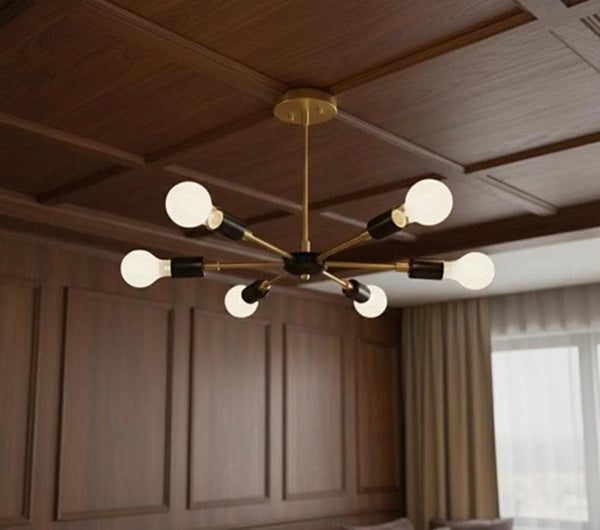 6-Light Brass Sputnik Chandelier: Mid Century Modern Ceiling Light, Minimalist Living Room Pendant Lamp, Industrial Brass Hanging Fixture