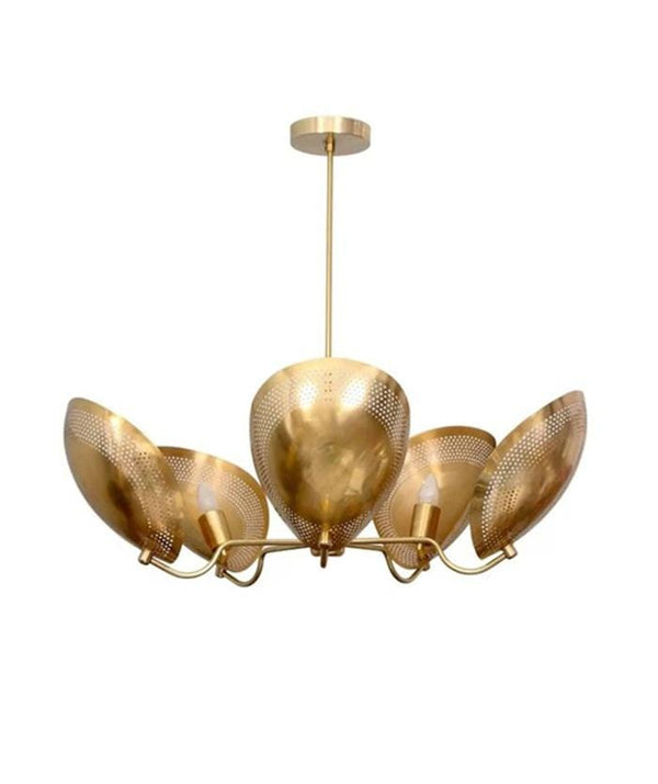 Raw Brass Perforated Shade Chandelier: Mid Century Modern Sputnik Light, Italian Style Ceiling Fixture, Retro Dining Room & Kitchen Lamp