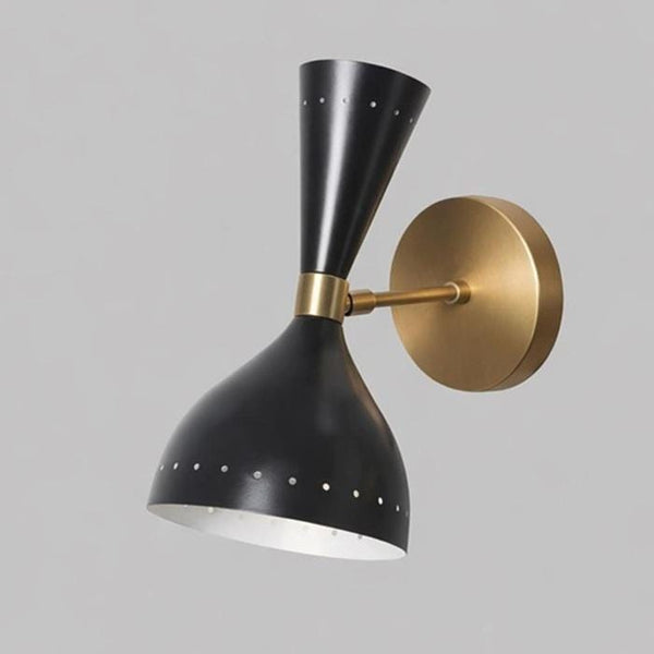 Modern Black & Brass Double Cone Sconce - Mid Century Two Light Wall Lamp - Industrial Dual Cone Fixture - Black Metal Bedroom Reading Light