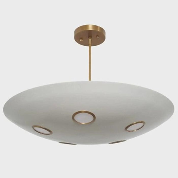 Mid Century Modern Brass Bowl Chandelier: White Glass Disc Ceiling Light Minimalist Semi Flush Mount Low Ceiling Lamp, Retro Home Decor