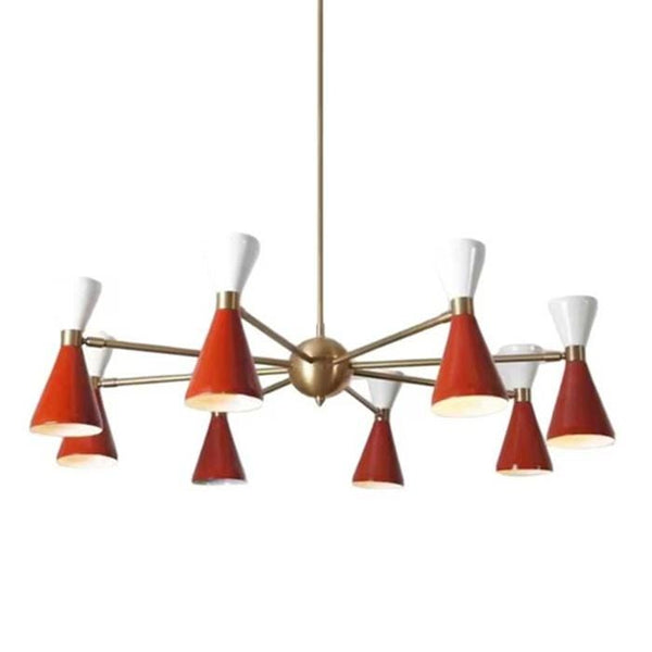 Mid Century Modern Brass Chandelier: Stilnovo 8 Arm 16 Light Ceiling Lamp, Dining Room Pendant, Sputnik Double Shade Living Room Fixture