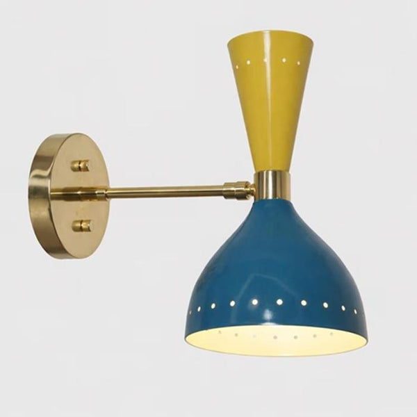 Modern Blue & Yellow Double Cone Sconce: Colorful Mid Century Wall Light Post Modern Two Light Single Sconce Bedroom Living Room Lamp