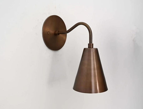 Mid Century Curved Arm cone Shade Raw Brass Wall Sconce Modern Hardwired Vanity Light Hallway Bedroom Living Room Lighting Fixture Handmade