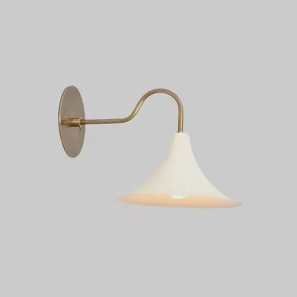 Modern Raw Brass Wall Sconce: Mid Century Trumpet Wall Lamp, White Metal Shade Bedside Reading Light, Hallway Living Room Fixture