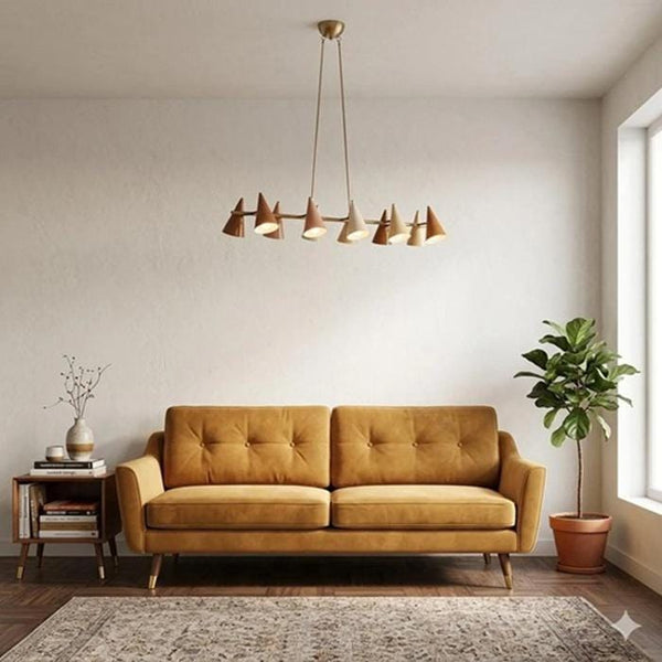 Mid Century Modern Brass Chandelier: Multi Arm Cone Ceiling Light, Retro Italian Style Pendant, Minimalist Dining Room Light Fixture