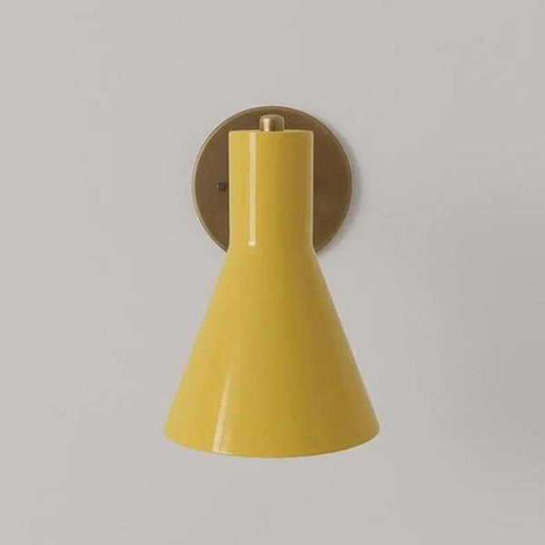 Italian Modern Brass Wall Sconce: Set of 2 Yellow Cone Shade Stilnovo Style Wall Lamps, Mid Century Bedside Lighting, Retro Bedroom Decor