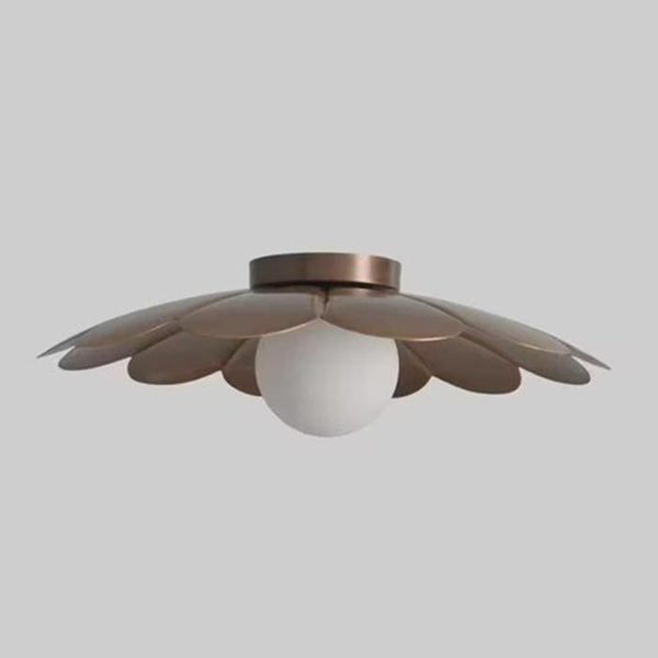 Mid Century Brass Petal Flush Mount Ceiling Light: Modern Opal Glass Globe Floral Dome Ceiling Lamp, Flower Bedroom Light, Hallway Decor