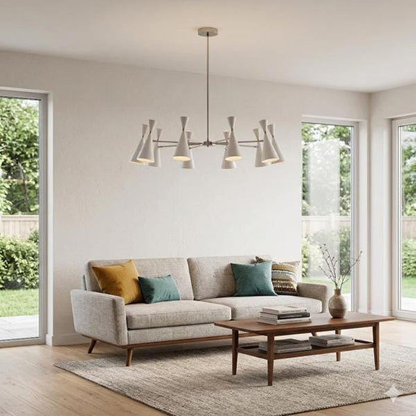 Mid Century Modern Sputnik Chandelier: 10 Light Brushed Nickel Ceiling Fixture, White Cone Pendant Light, Retro Living Room Lighting