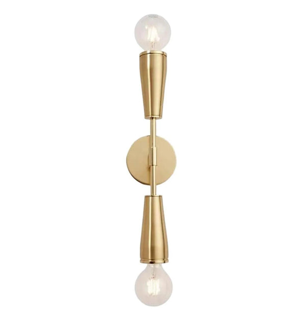 Modern Brass Double Bulb Sconce, Mid Century Vertical Vanity Light, Sputnik 2-Light Brass Wall Lamp for Bathroom Mirror, Hallway Sconce