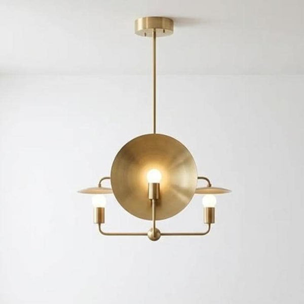 Mid Century Modern Brass Chandelier, 3 Light Disc Shade Pendant Lamp, Retro Scandinavian Ceiling Fixture, Minimalist Dining Room Lighting