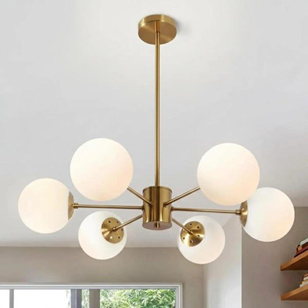Mid Century Modern Chandelier: 6 Light Brass Sputnik Ceiling Fixture, Glass Globe Hanging Light, Gold Midcentury Lighting for Dining Room