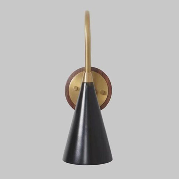 Modern Brass & Black Cone Sconce: Wood Backplate Mid Century Wall Light - Walnut Brass Reading Lamp - Industrial Bedroom Wall Fixture