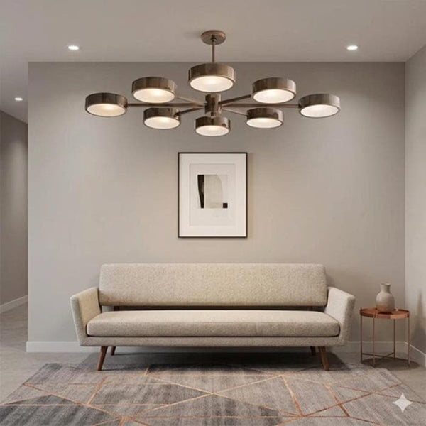 Mid Century Modern Brass Chandelier: Stilnovo Style 8 Light Ceiling Fixture, Retro Sputnik Pendant, Elegant Dining Room Living Room Lighting