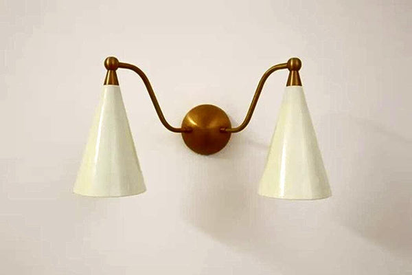 Mid Century White Dual Shade Raw Brass Curved Arm Wall Sconce Modern Hallway Art Deco Vanity Light Bedroom Living Room Lighting Handmade