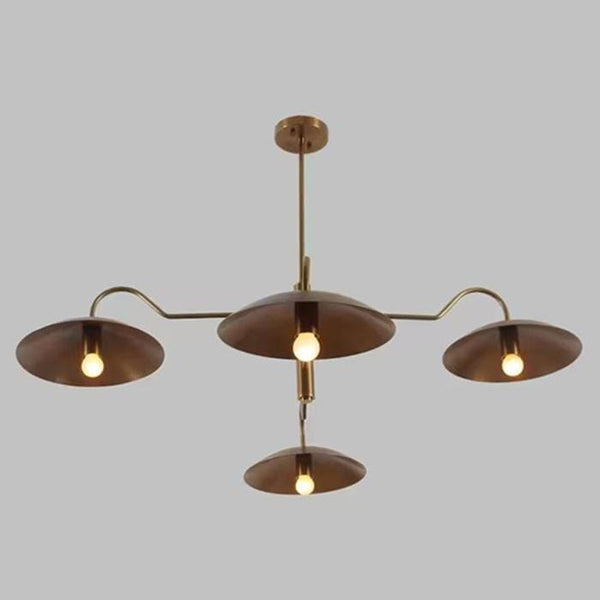 Mid Century Modern Brass Chandelier: 4 Light Disc Shade Ceiling Fixture, Vintage Saucer Pendant Light, Retro Dining Room Lighting, UFO Lamp