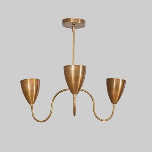 Modern Brass 3 Arm Chandelier: Minimalist Raw Brass Cone Ceiling Light, Mid Century Dining Room Lighting, Sculptural Pendant Fixture