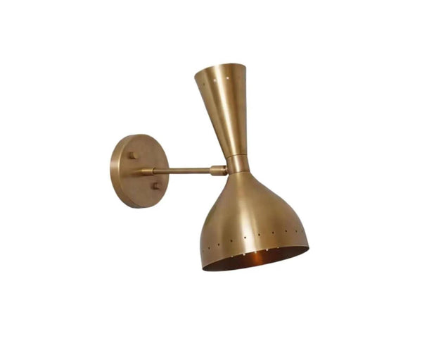 Mid Century Raw Brass Diabolo Wall Sconce, Italian Stilnovo Style Wall Lamp, Modern Double Cone Shade Bedside Reading Light Bedroom Hallway
