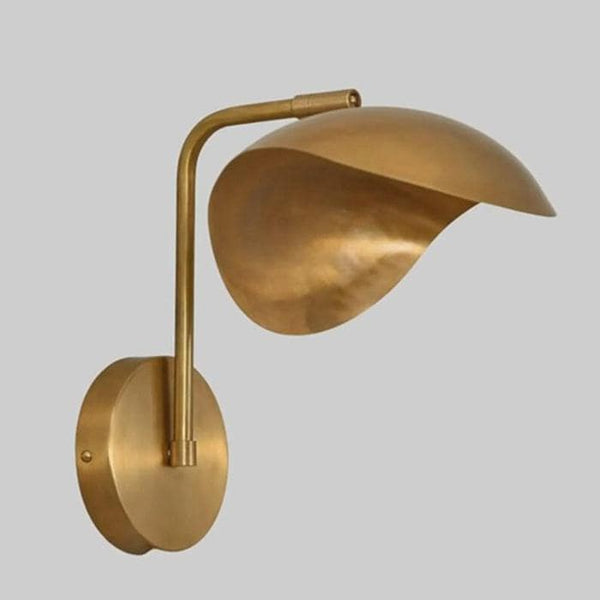 Modern Raw Brass Wall Sconce: Mid century Curved Metal Shade Bedside Light, Minimalist Arched Wall Lamp, Hardwired Lighting for Living Room