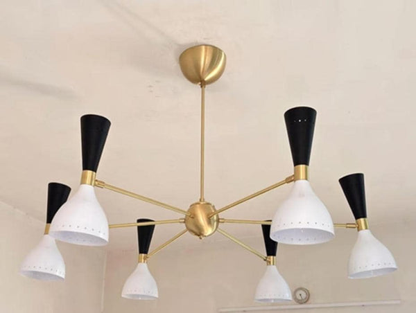 Mid Century Modern Black & White Brass Chandelier: 6 Light Sputnik Pendant, Matte Black Ceiling Fixture, Contemporary Dining Room Lighting