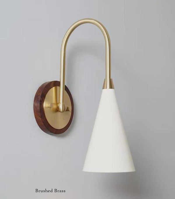 Mid Century Brass Wall Sconce with Wood Backplate, White Cone Shade Modern Bedside Light, Walnut and Brass Bathroom Living Room Vanity Lamp