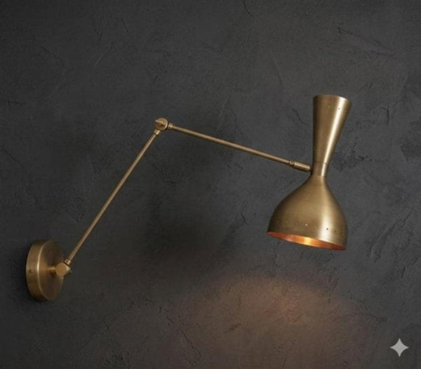 Raw Brass Swing Arm Wall Sconce: Mid Century Modern Bedside Reading Lamp, Minimalist Wall Mounted Task Light, Adjustable Living Room Fixture