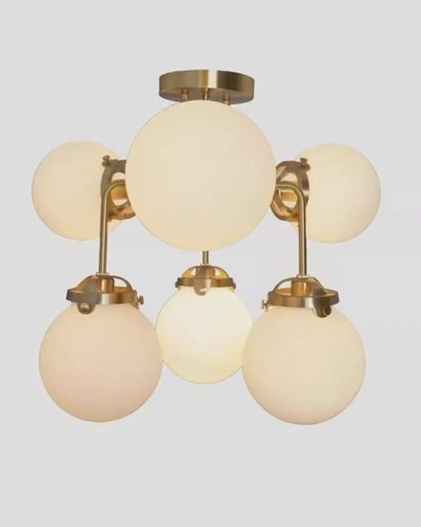 Modern Brass Chandelier: Mid Century Sputnik 6 Opal Glass Globe Low Ceiling Light, EU Wired Stilnovo Style Dining Room Hallway Flush Mount