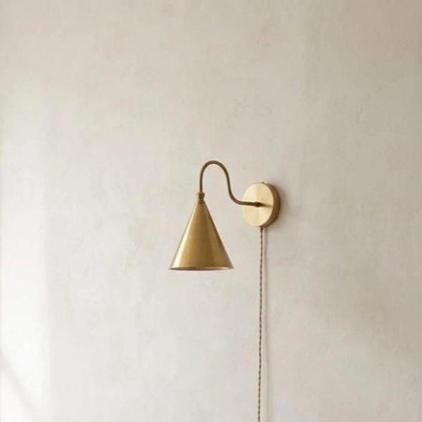Brass Cone Shade Wall Sconce: Mid Century Modern Italian Light, Minimalist Bedside Reading Lamp, Vanity Wall Lighting