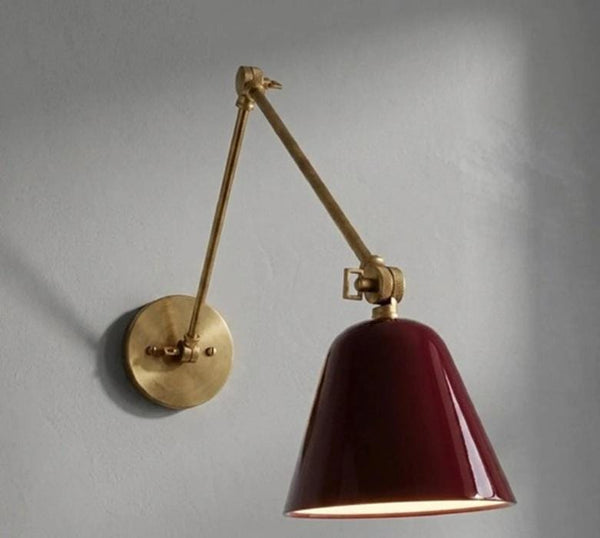 Mid Century Modern Wall Lamp Adjustable Red Shade Brass Swing Arm Articulating Wall Sconce Handmade Bedside Reading Light Retro Fixture