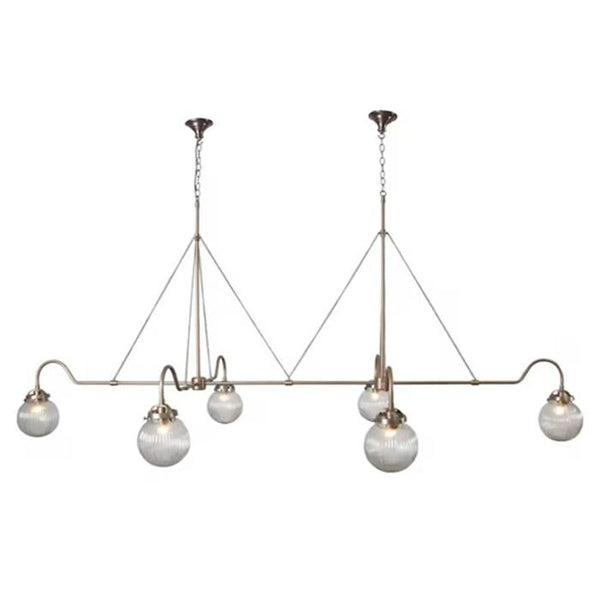 Mid Century Double Linear Brass Chandelier: Modern Italian 6 Glass Globe Sputnik Pendant, Dining Room Living Room Hallway Ceiling Fixture