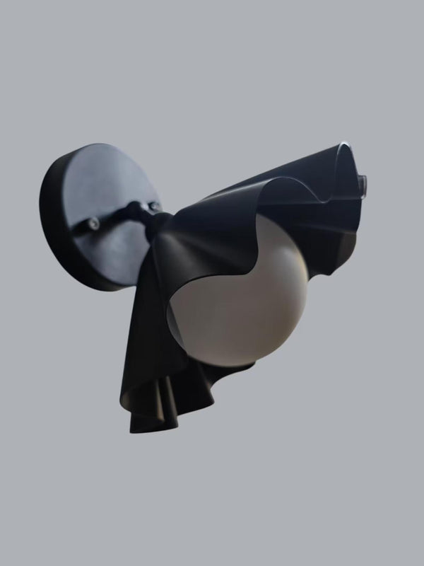 Modern Black Wall Sconce with Sculptural Curved Shade, Opal Globe Light, Mid Century Minimalist Stilnovo Style Bedside Reading Light Fixture