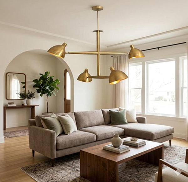 Mid Century Modern Brass Sputnik Chandelier: 4 Light Semi Flush Mount Ceiling Fixture, Italian Gold Pendant Light, Retro Bedroom Lighting