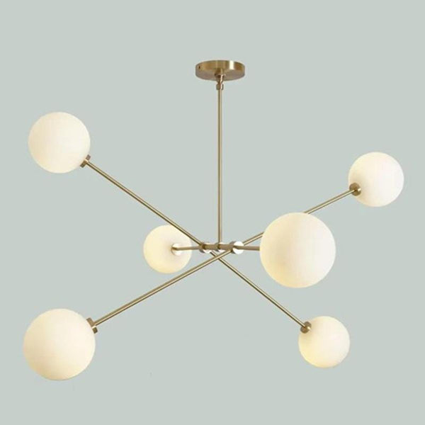 Sputnik Brass Chandelier: Mid Century Modern Ceiling Light, 6 Light Glass Globe Pendant, Minimalist Dining Room Lighting, Retro Home Decor