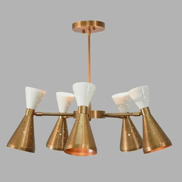 Mid Century Modern Brass Chandelier: 6 Arm Sputnik Cone Shade Light Retro Atomic Pendant for Dining Room Living Room Entryway Ceiling Light
