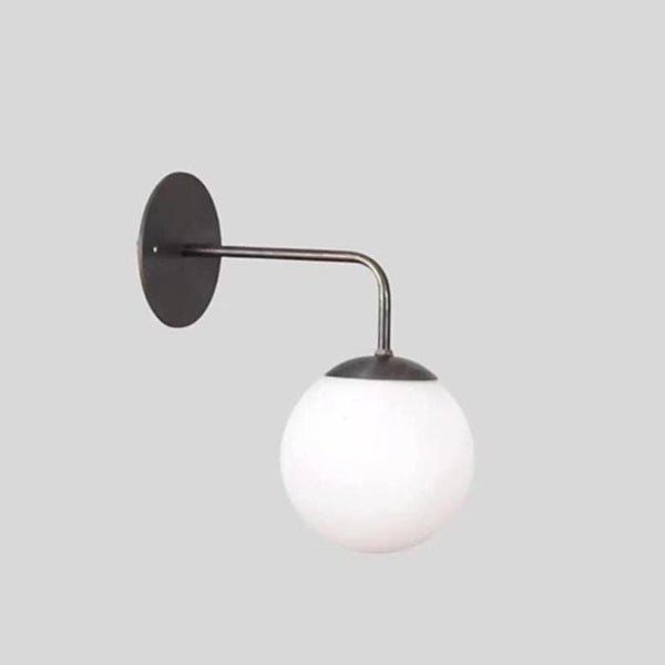 Mid Century Globe Wall Sconce - Black & Opal Glass Wall Lamp - Modern Sphere Sconce with Black Arm - Minimalist Gold Accent Bathroom Light