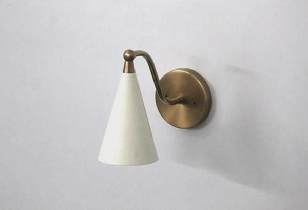 Modern Brass Wall Sconce, Mid Century White Cone Shade Wall Lamp, Modernist Bedside Reading Light, Italian Style Sconce for Hallway Bedroom