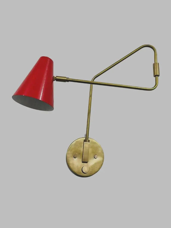 Modern Red Cone Wall Sconces, Mid Century Brass Adjustable Arm Wall Lamp, Italian Style Bedside Reading Light Living Room Bedroom Fixture