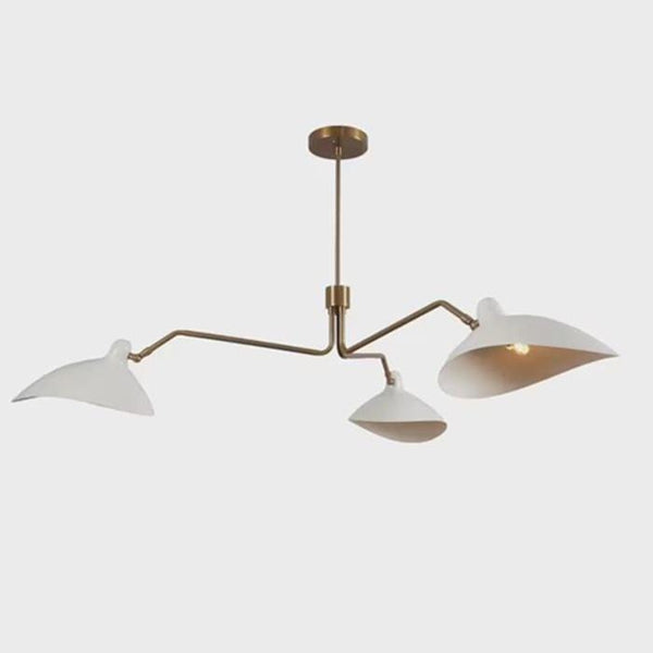 Mid Century Modern Raw Brass Chandelier: White Shade Pendant Light, Stilnovo Style Sputnik Ceiling Fixture for Dining Room, Kitchen Island