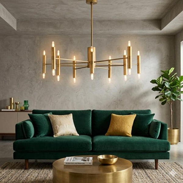 Raw Brass Sputnik Chandelier: Mid Century Modern 12 Arm Light Ceiling Fixture, Retro Hanging Pendant Lamp, Large Living Room Lighting