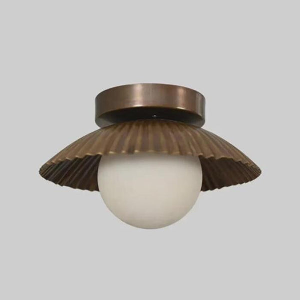 Brass Fluted Flush Mount Ceiling Light: Scalloped Opal Glass Globe Fixture | Mid Century Modern Hallway Entryway Bedroom Lighting