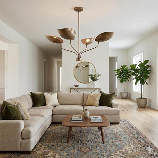 Mid Century Modern Brass Chandelier: 4 Light Curved Shade Ceiling Fixture, Retro Italian Pendant Lamp, Minimalist Dining Room Lighting