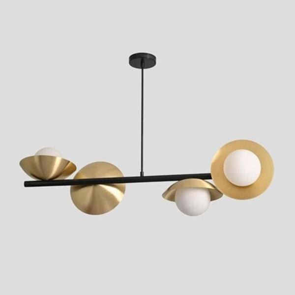 Modern Linear Chandelier: Black & Brass Dining Room Chandelier, Sculptural Disc Ceiling Light, Opal Globe Kitchen Island Fixture