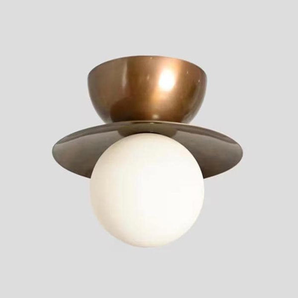 Solid Bronze Disc Ceiling Light, Modern Opal Glass Globe Lamp, Minimalist Semi Flush Mount, Architectural Kitchen Hallway Fixture