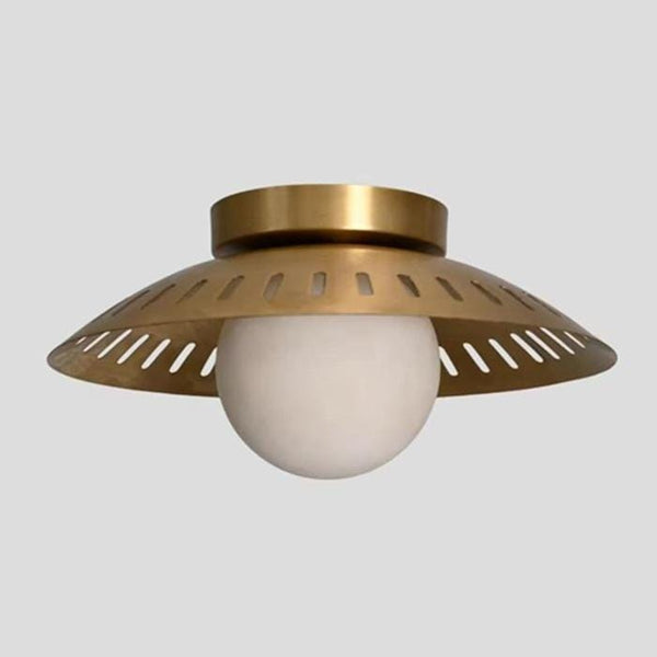 Brass UFO Flush Mount Ceiling Light: Perforated Disc Shade Fixture Modern Opal Glass Globe Lamp, Mid Century Space Age Hallway Lighting