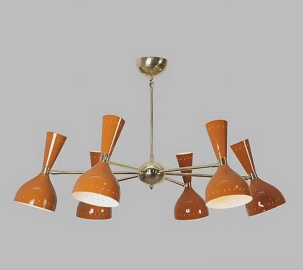 Mid Century Modern Sputnik Six Arm Chandelier Orange Double Cone Shade Ceiling Light Raw Brass Pendant Lamp, Dining Room Lighting