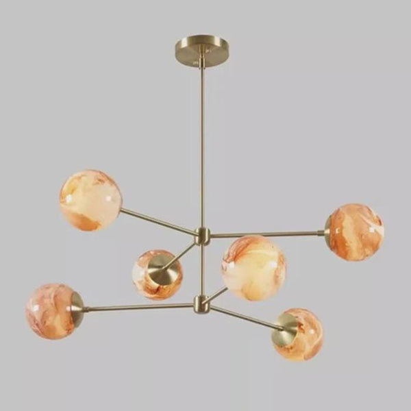 Modern Raw Brass Sputnik Chandelier: Mid Century 6 Milky Glass Globe Ceiling Light, Sculptural Italian Style Dining Room Pendant Fixture