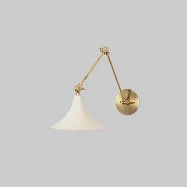 Adjustable Brass Swing Arm Wall Sconce: Mid Century Modern Trumpet Wall Lamp, White Metal Shade Bedside Reading Light, Raw Brass Fixture